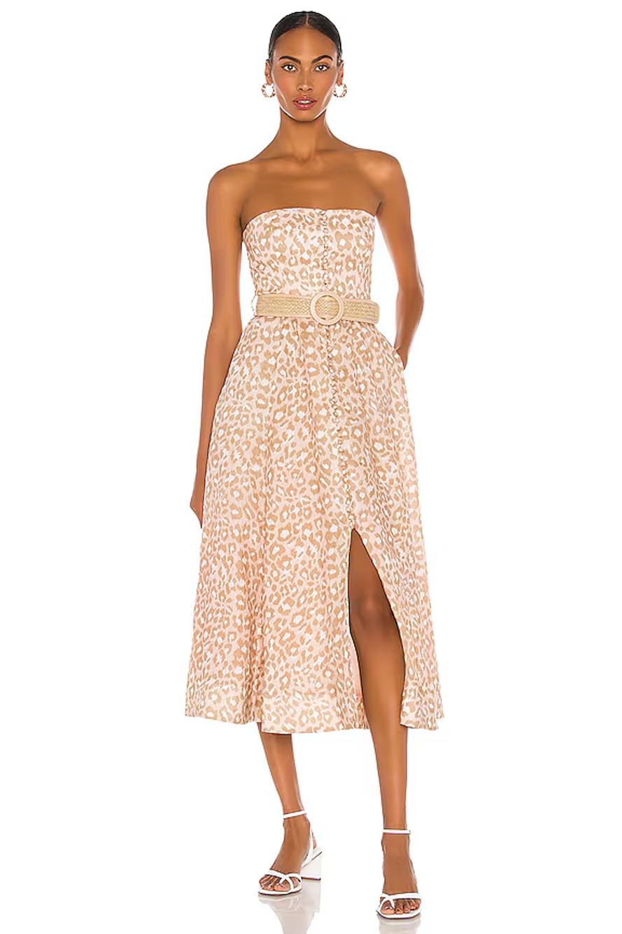 Zimmermann Carnaby Leopard Strapless Belted Bustier Midi Dress Pink Beige 1